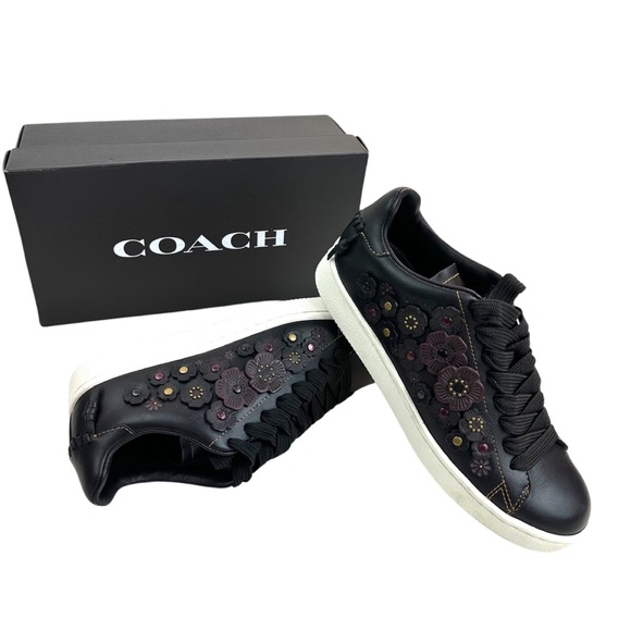 Coach Tea Rose Low Top, Leather Sneakers Black/Floral Details Women’s Size: 7.5 - Picture 2 of 16